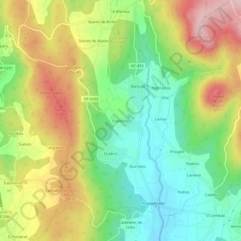 Cruxeiras地形图、海拔、地势