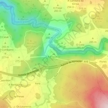 A Filgueira地形图、海拔、地势