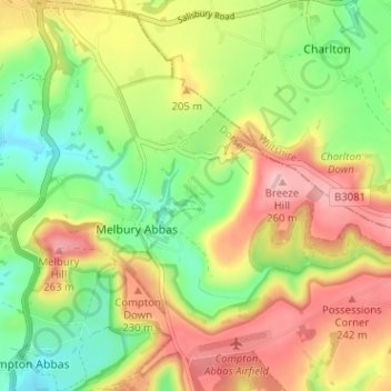 East Melbury地形图、海拔、地势