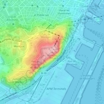 Montjuïc地形图、海拔、地势
