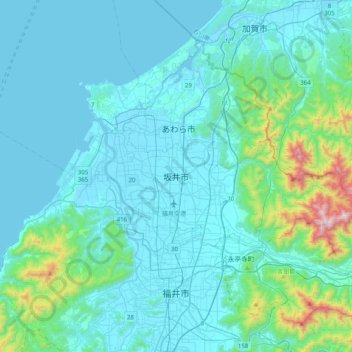 坂井市地形图、海拔、地势