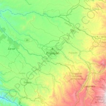 Popayán地形图、海拔、地势