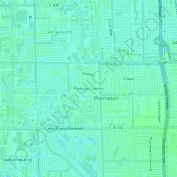 Plantation Gardens地形图、海拔、地势