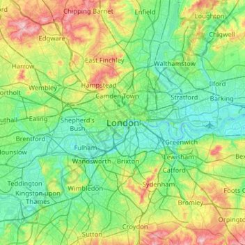 倫敦地形图、海拔、地势
