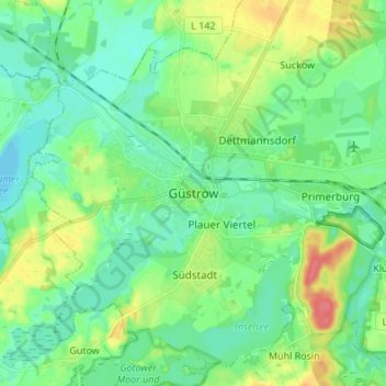 Güstrow地形图、海拔、地势
