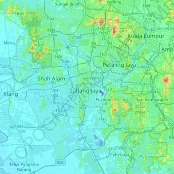 Subang Jaya地形图、海拔、地势