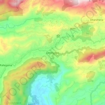 Deniyaya地形图、海拔、地势