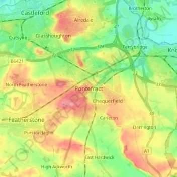 Pontefract地形图、海拔、地势