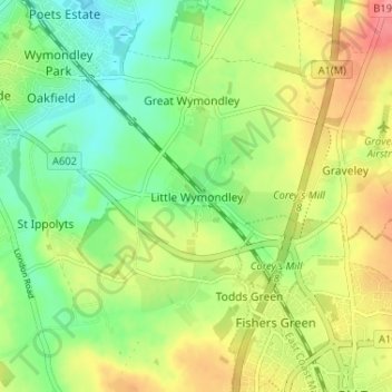 Little Wymondley地形图、海拔、地势