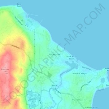 Priscilla Beach地形图、海拔、地势