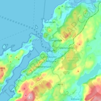 Oban地形图、海拔、地势