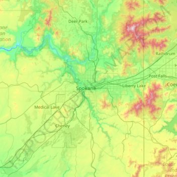Spokane County地形图、海拔、地势