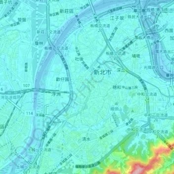 板橋區地形图、海拔、地势