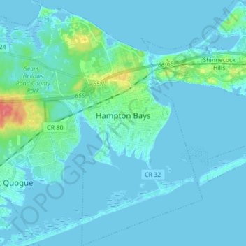 Hampton Bays地形图、海拔、地势