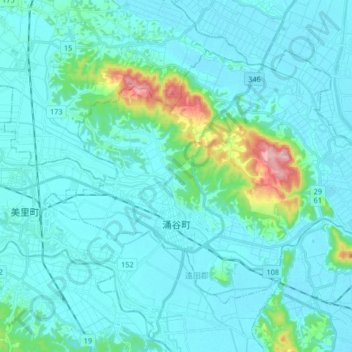 涌谷町地形图、海拔、地势
