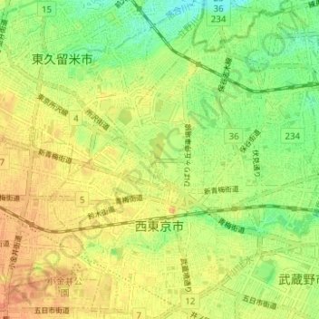 西東京市地形图、海拔、地势