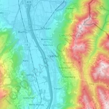 瓦杜茲地形图、海拔、地势