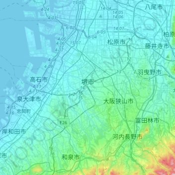 堺市地形图、海拔、地势