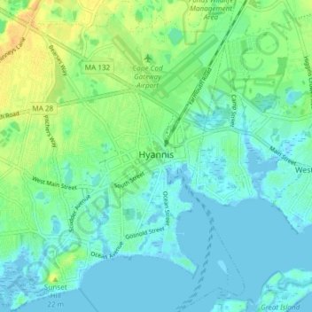Hyannis地形图、海拔、地势