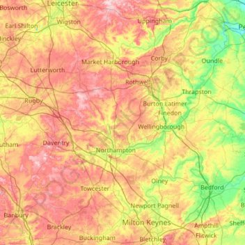 Northamptonshire地形图、海拔、地势