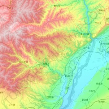 韩城市地形图、海拔、地势