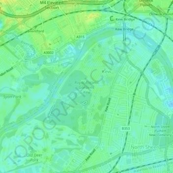 伦敦基尤皇家植物园地形图、海拔、地势