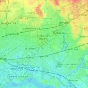 London Borough of Barking and Dagenham地形图、海拔、地势