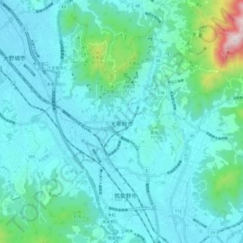 太宰府市地形图、海拔、地势