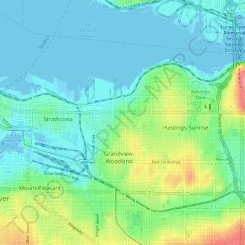 Vancouver East地形图、海拔、地势