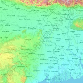 西孟加拉邦地形图、海拔、地势