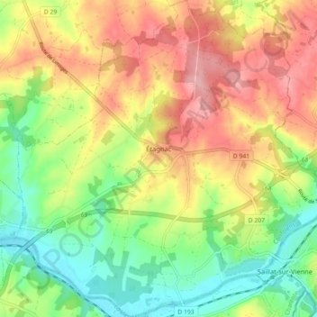 Étagnac地形图、海拔、地势