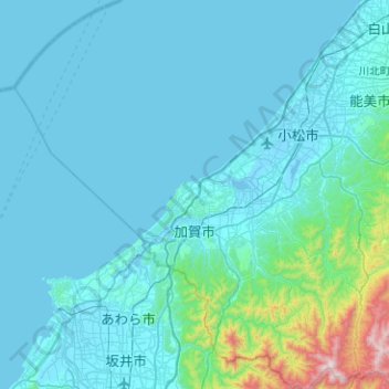 加賀市地形图、海拔、地势