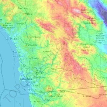 San Diego County地形图、海拔、地势