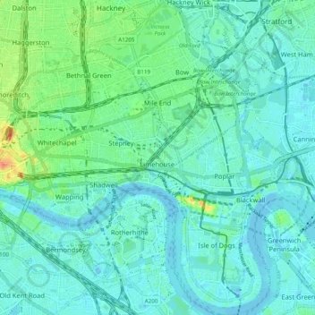 London Borough of Tower Hamlets地形图、海拔、地势