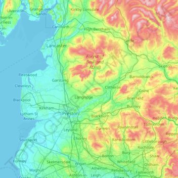 Lancashire地形图、海拔、地势