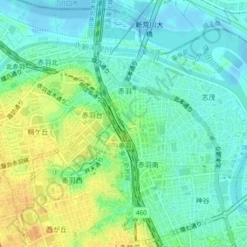 赤羽一丁目地形图、海拔、地势