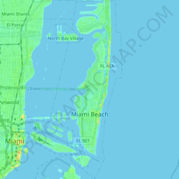 迈阿密海滩/邁阿密海灘地形图、海拔、地势