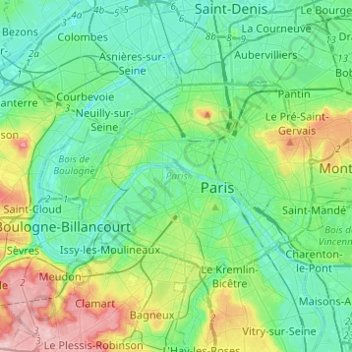 巴黎地形图、海拔、地势