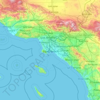 洛杉矶县地形图、海拔、地势