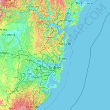 悉尼地形图、海拔、地势