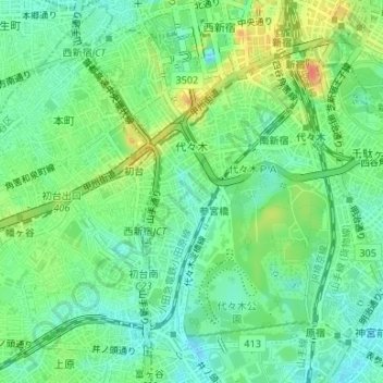 代々木地形图、海拔、地势