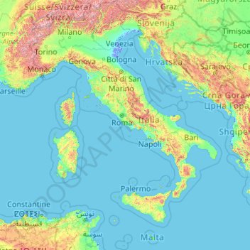 意大利 / 義大利地形图、海拔、地势