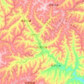 义岗川镇地形图、海拔、地势