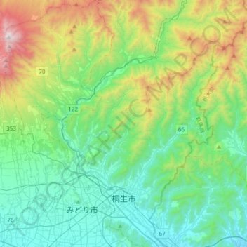 桐生市地形图、海拔、地势