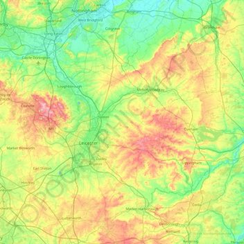 Leicestershire地形图、海拔、地势
