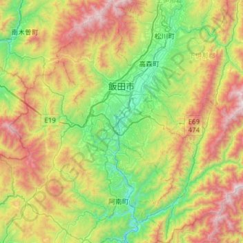 飯田市地形图、海拔、地势