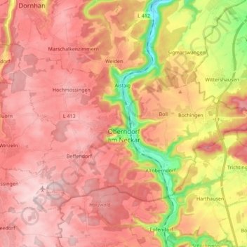 Oberndorf am Neckar地形图、海拔、地势
