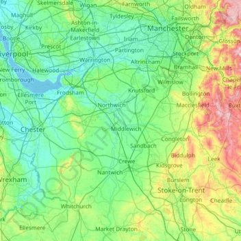 Cheshire地形图、海拔、地势
