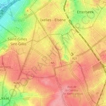 Ixelles - Elsene地形图、海拔、地势