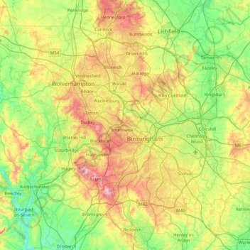 West Midlands地形图、海拔、地势